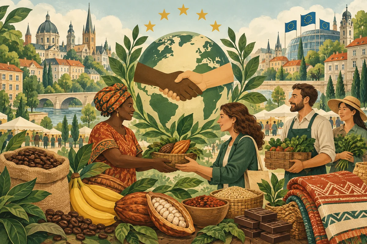 Ilustrație: ”ORAȘE EUROPENE  ÎN FAVOAREA UNUI COMERȚ ECHITABIL ȘI ETIC”